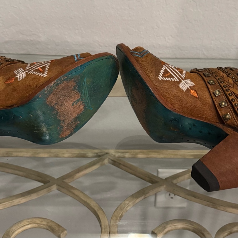 Lane Brown Peep Toe Booties with Embroidered Design - Picture 2 of 5
